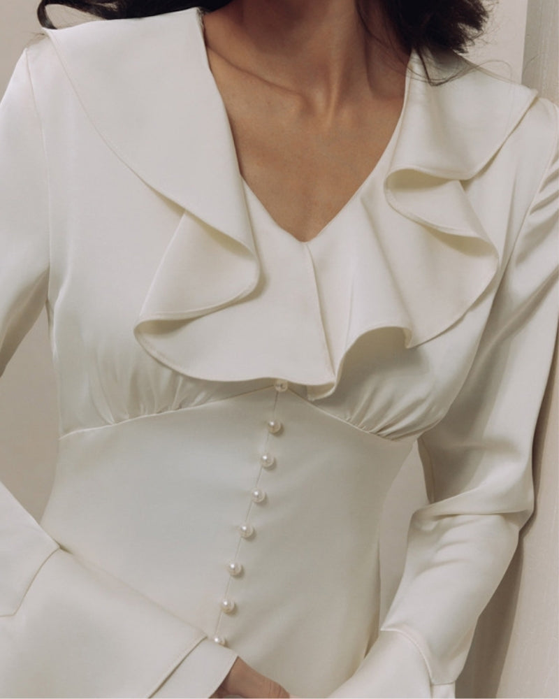 Perlenknopf Rüschenshirt Midi-Kleid