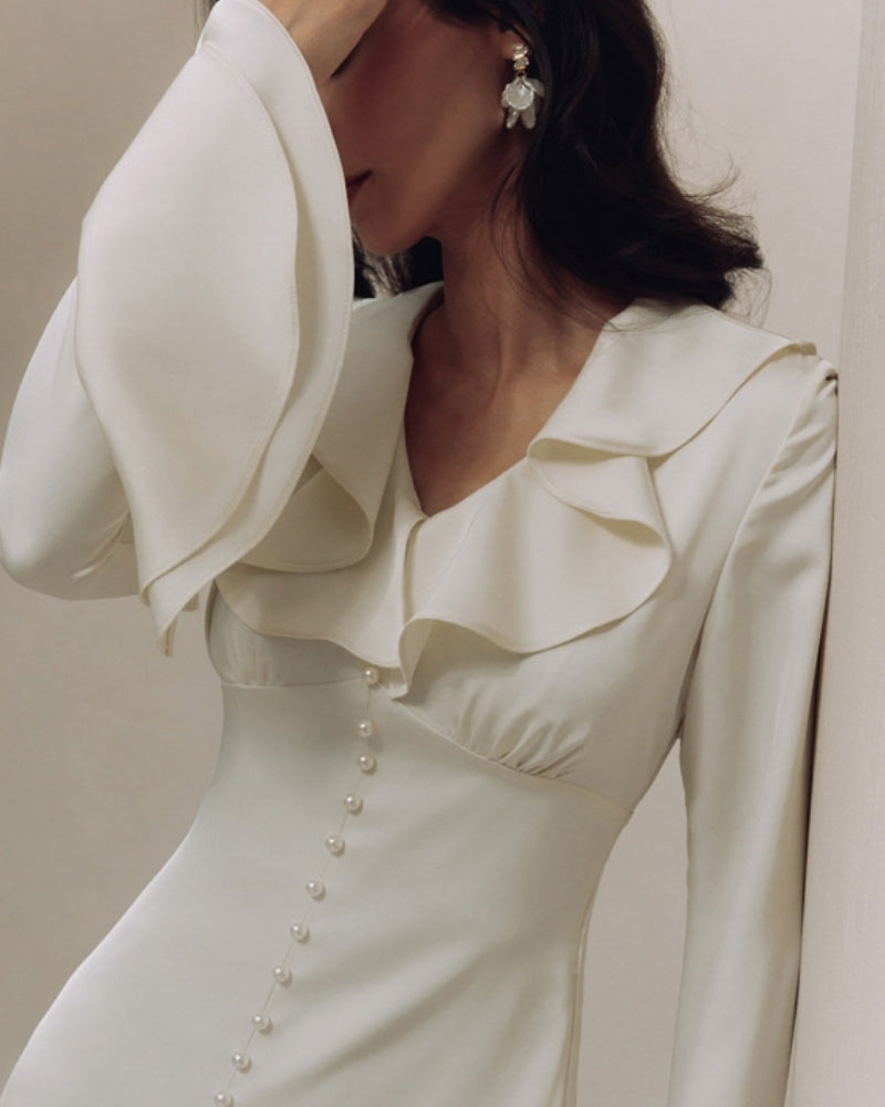 Perlenknopf Rüschenshirt Midi-Kleid